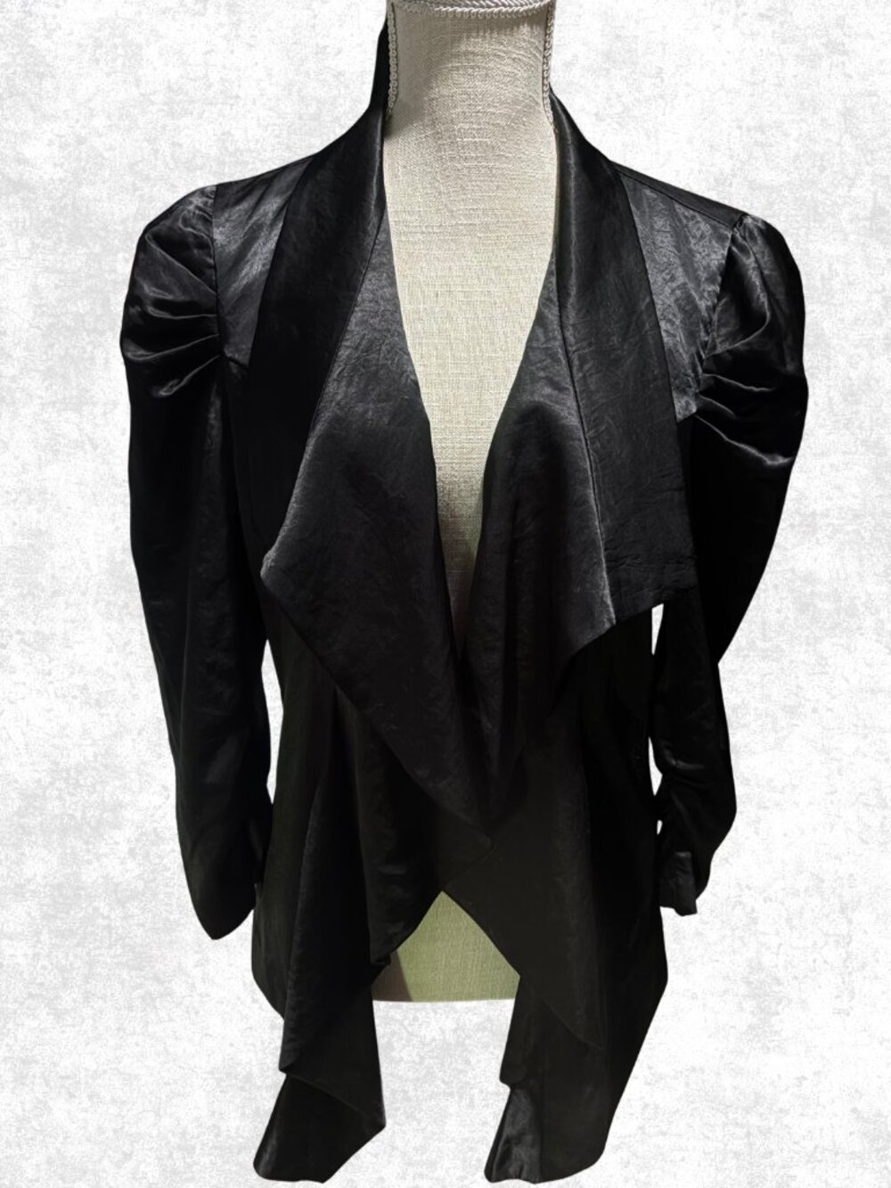 Joseph Ribkoff Black Satin Draped Open Front Jacket Blazer Puff Sleeve 10
